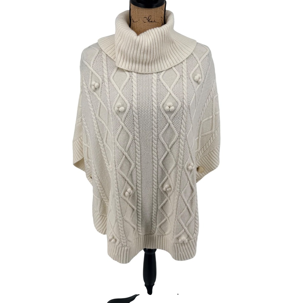 Talbots Womens XS Cream Cable Knit‎ Bobble Turtleneck Poncho Sweater Wool Blend